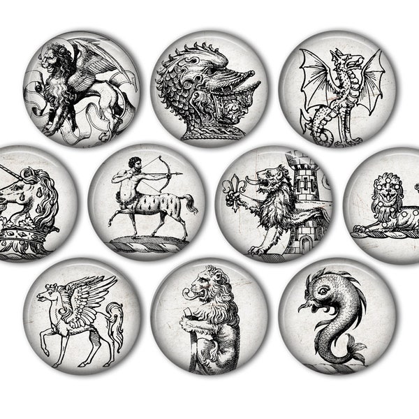 Medieval Mythical Creature Pin Back Buttons, Backpack Pins, Jacket Buttons, Flat Back Buttons, Party Favors, Halloween Decor, Monsters