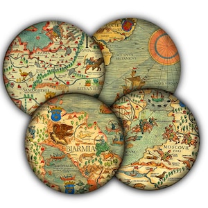 Vintage Nordic Map Coaster Set, Drink Coasters, Coasters, Tableware, Barware, Antique Map, World Map, Carta Marina