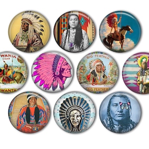 May include: Set of ten round buttons featuring images of Native American people, including a woman in a headdress, a man with a feather headdress, and a man riding a horse. The buttons are colorful and have a variety of designs.