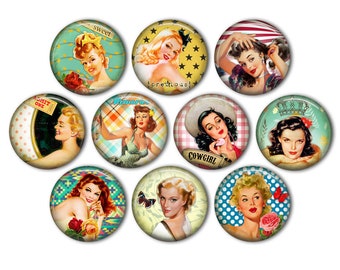 1950's Retro Pin Up Girl Pin Back Buttons, Backpack Pins, Jacket Buttons, Flat Back Button, Party Decor, 1950's Decor, Pin Up Art, Man Cave