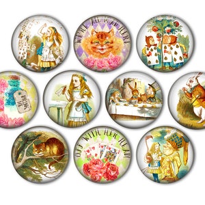 May include: Set of ten round Alice in Wonderland themed magnets. Each magnet features a different illustration from the book, including the Cheshire Cat, the Mad Hatter, and the Queen of Hearts. The magnets are perfect for adding a touch of whimsy to any refrigerator or metal surface.