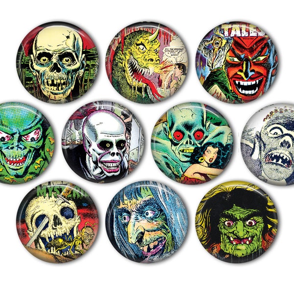 Vintage Horror Comics Pin Back Buttons, Backpack Pins, Jacket Buttons, Flat Back Button, Halloween Fashion, Monster, Goth, Vintage Comics