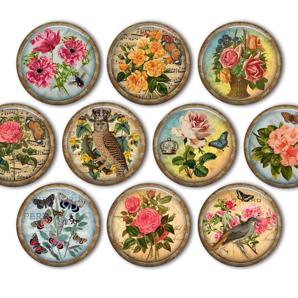 Vintage Birds, Butterfly & Flower Pin Back Buttons, Backpack Pins, Jacket Buttons, Flat Back Button, Tea Party Decor, Butterfly Decor