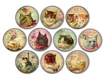 Vintage Cat Pin Back Buttons, Backpack Pins, Jacket Buttons, Flat Back Buttons, Cat Party Favors, Kittens, Cat Lovers Gifts