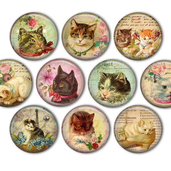 Vintage Cat Pin Back Buttons, Backpack Pins, Jacket Buttons, Flat Back Buttons, Cat Party Favors, Kittens, Cat Lovers Gifts