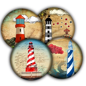 May include: Set of four round, vintage-style, paper-like coasters featuring lighthouses with different color schemes and backgrounds. The coasters have a distressed, aged look.