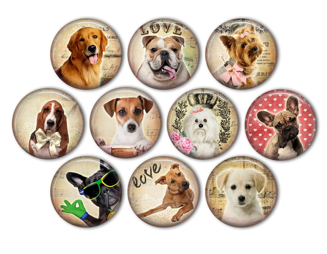 Cute Dog & Puppy Pin Back Buttons, Backpack Pins, Jacket Buttons, Flat ...