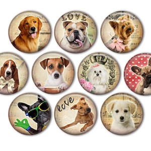 May include: Set of ten round, vintage-style dog breed themed magnets. Each magnet features a different dog breed with a unique background design. The magnets are approximately 2 inches in diameter.
