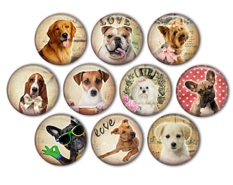 May include: Set of ten round, vintage-style dog breed themed magnets. Each magnet features a different dog breed with a unique background design. The magnets are approximately 2 inches in diameter.