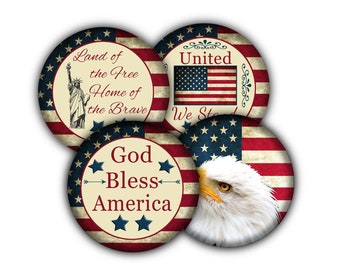 May include: Four round, patriotic, American flag themed coasters with different designs. The first coaster features the Statue of Liberty and the text "Land of the Free Home of the Brave". The second coaster features a red, white, and blue American flag with the text "United We Stand". The third coaster features a bald eagle with the text "God Bless America". The fourth coaster features a red, white, and blue American flag.