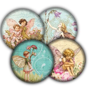 May include: Four round, decorative, paper-like coasters with a vintage aesthetic. Each coaster features a different fairy illustration with wings, flowers, and a light blue background.
