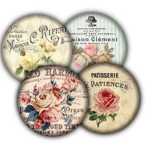 May include: Four vintage-style round labels with floral designs and text. The labels feature roses, text in French, and a background of old paper. The text includes "Maison C. Riffan", "Salon de Consommation", "Patisserie Patience", and "Sacred Harmony".