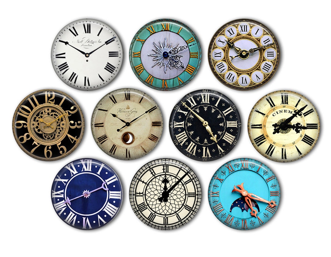 Vintage Clocks Pin Back Buttons, Backpack Pins, Jacket Buttons, Flat Back Button, Vintage