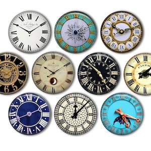May include: Ten round clock faces with various designs. The clocks have Roman numerals and different colored backgrounds, including black, white, blue, and green.