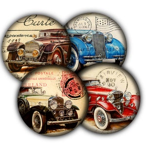 May include: Four vintage postcard-style images of classic cars. Each image features a different car, with a red, blue, green, and brown car. The images are set against a background of old paper with stamps and writing.