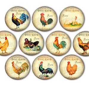 May include: Nine round, vintage-style postcards featuring illustrations of roosters and hens. Each card has the text "Post Card" and "Farm" printed on it.