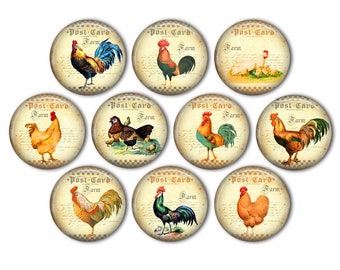 Vintage Chicken & Rooster Pin Back Buttons, Backpack Pins, Jacket Buttons, Flat Back Button, Party Decor, Chicken Decor, Farm Life, Rooster