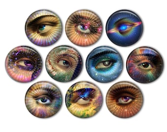 Starry Eyeball Pin Back Buttons, Backpack Pins, Jacket Buttons, Flat Back Buttons, Party Favors, Steampunk Fashion, Eyeball Decor, Halloween