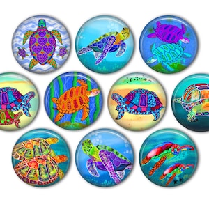 May include: Set of ten colorful, round, ceramic magnets featuring various sea turtle designs. Each magnet has a different turtle design with vibrant colors and intricate details. The magnets are perfect for adding a touch of whimsy to any refrigerator or magnetic surface.