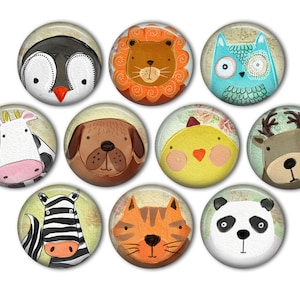 May include: Set of ten round buttons featuring cartoon animal faces. The animals include a penguin, lion, owl, cow, dog, chick, deer, zebra, cat, and panda. Each button has a different background color and pattern.