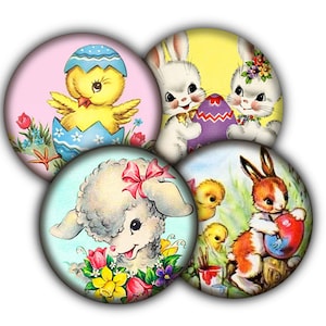 May include: Four round, colorful illustrations featuring Easter-themed imagery. A yellow chick hatching from an egg, two white bunnies holding a purple egg, a white lamb with a pink bow, and a brown bunny holding a red egg.