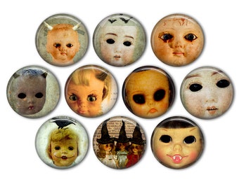 Creepy Doll Heads Pin Back Buttons, Backpack Pins, Jacket Buttons, Flat Back Button, Party Decor, Doll Head, Halloween Decor, Goth