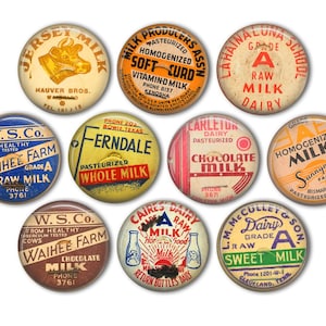 May include: Ten vintage milk bottle caps with various designs and text, including "Jersey Milk", "Ferndale Pasteurized Whole Milk", "Waihee Farm Grade A Raw Milk", "Carleton Dairy Pasteurized Chocolate Milk", "Lahaina Luna School Grade A Raw Milk Dairy", and "M. McCullet & Son Dairy Grade A Raw Sweet Milk".