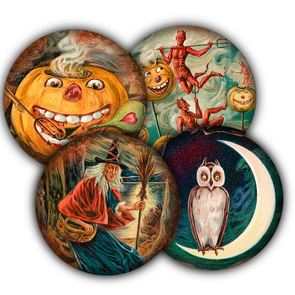 Vintage Halloween Witch & Devil Coaster Set, Drink Coasters, Coasters, Tableware, Barware, Halloween Decor