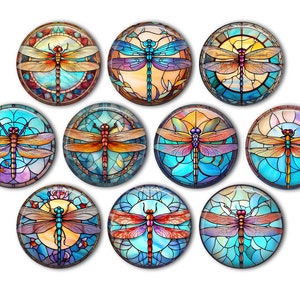 May include: Ten round, colorful, stained glass dragonfly cabochons. Each cabochon features a dragonfly with intricate details and a blue, green, and orange color scheme.