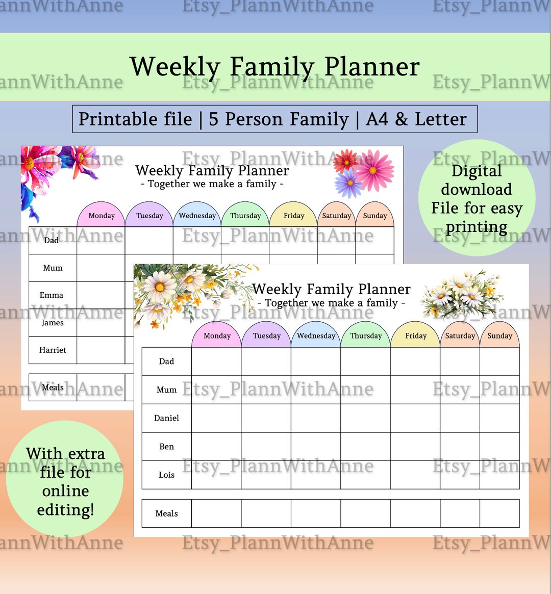 Printable Weekly Family Planner Family of 5 A4 and Letter Size. - Etsy