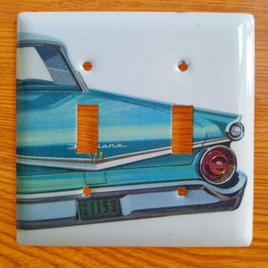 59 Ford Galaxie, light switch plate, double toggle, stainless steel, decoupage, single, triple, plug, wall cover, vintage unique, home decor double toggle (R)