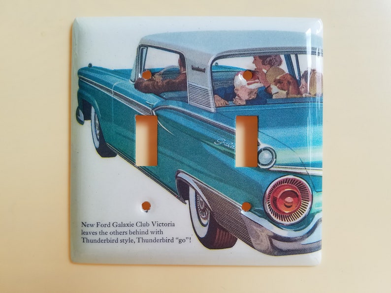 59 Ford Galaxie, light switch plate, double toggle, stainless steel, decoupage, single, triple, plug, wall cover, vintage unique, home decor double toggle (F)