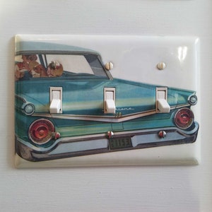 59 Ford Galaxie, light switch plate, double toggle, stainless steel, decoupage, single, triple, plug, wall cover, vintage unique, home decor triple toggle (R)