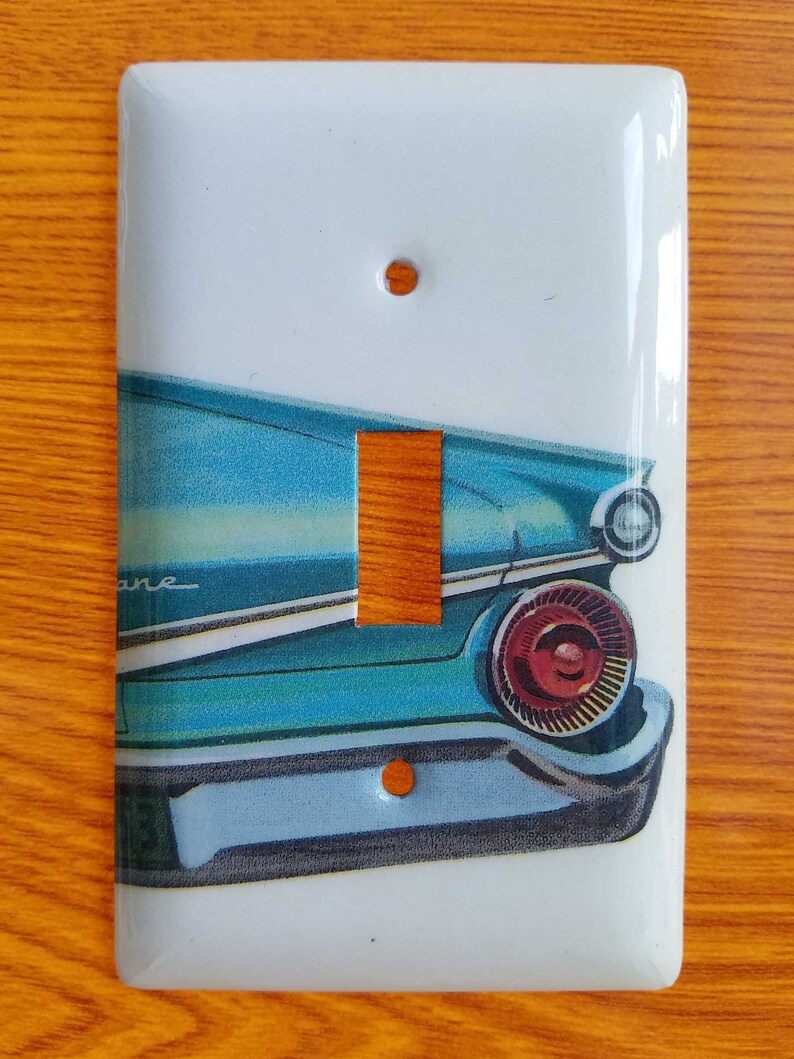 59 Ford Galaxie, light switch plate, double toggle, stainless steel, decoupage, single, triple, plug, wall cover, vintage unique, home decor single toggle (R)