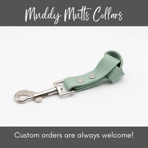May include: A light green leather dog leash with a silver clip.  The leash has a knot at the end and two silver rivets.