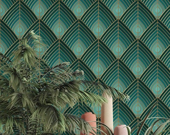 Removable Water-Activated Wallpaper Art Deco Flowers Beige Blue 1920s Glam Removable Water-Activated Wallpaper Art Deco Flowers Beige Blue 1920s Glam