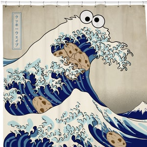 Cookie Shower Curtain, Monster Shower Curtain, Japanese Shower Curtain, Ocean Shower Curtain, Blue Bathroom Decor, Funny Gifts image 1