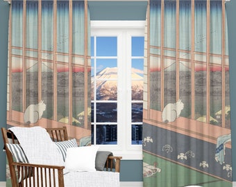 Cat Window Curtain, Japanese Window Curtain, Japanese Decor, Kitchen Curtains, Cat Curtains, Black Out Fabric, Sheer Fabric, Single Panel