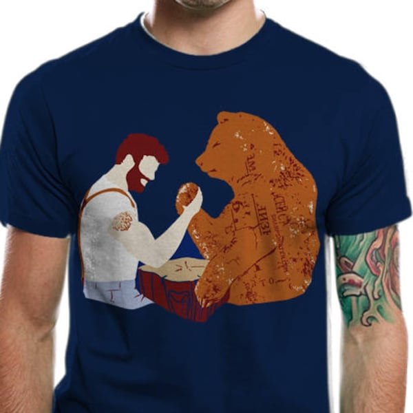 Cool Tee, Graphic Tshirt, Funny Shirt, Bear,  Screen Printed, Animal Tee, Cotton, Navy, Arm Wrestling, Lumberjack, Plus Size, Made in USA