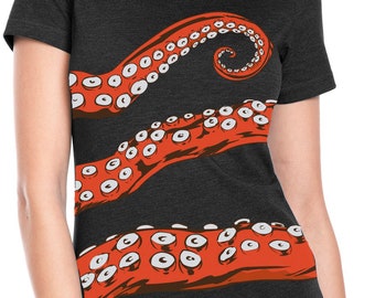 Octopus Tshirt Women, Tentacles Fitted T Shirt, Nautical Shirts, Kraken Tees, All Over Print Octopus Top, Quirky Unusual Shirts, US Sizing