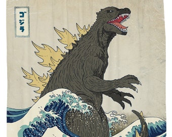 Godzilla Shower Curtain, Japanese Shower Curtain, Traditional Japanese Art, Great Wave