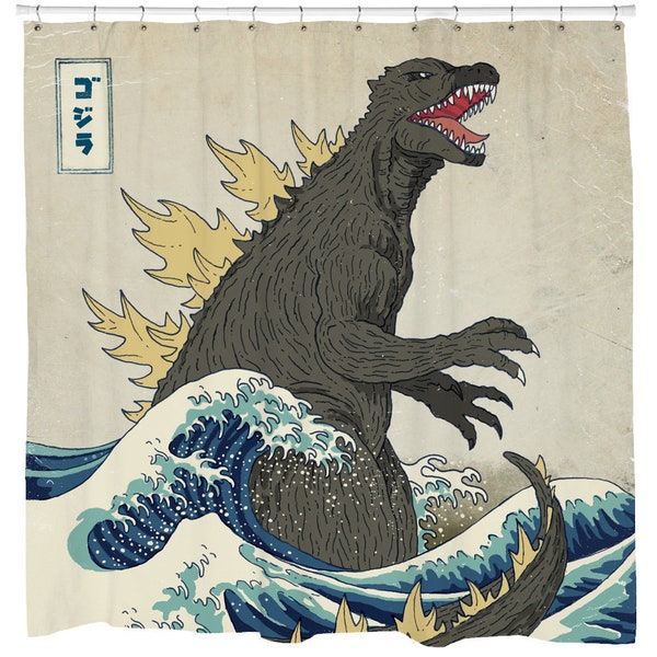 Godzilla Duschvorhang, Japanischer Duschvorhang, Traditionelle Japanische Kunst, Große Welle