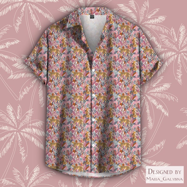 Tropical Leopard Tee, Plant Lovers Shirt, Summer Party Tshirt, Leopard T-shirt, Unisex Button-Up Collar, Wild Leopard Short Sleeve Shirt