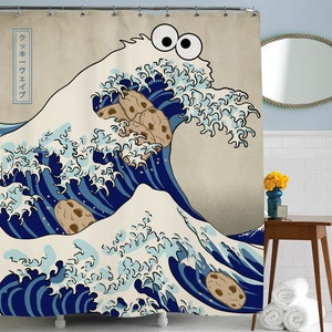 Cookie Shower Curtain, Monster Shower Curtain, Japanese Shower Curtain, Ocean Shower Curtain, Blue Bathroom Decor, Funny Gifts image 2