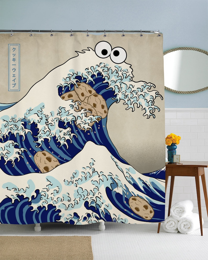 Cookie Shower Curtain, Monster Shower Curtain, Japanese Shower Curtain, Ocean Shower Curtain, Blue Bathroom Decor, Funny Gifts image 2