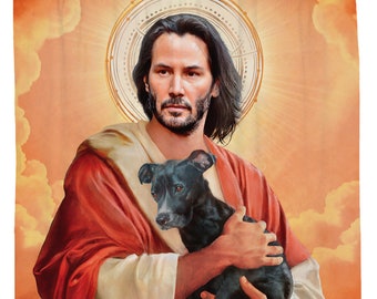 Religious Shower Curtain, Funny Bathroom Decor, Dog Art, Movie Poster, Celebrity Artwork, Famous Art, Jesus, Orange Clouds, Saint Keanu