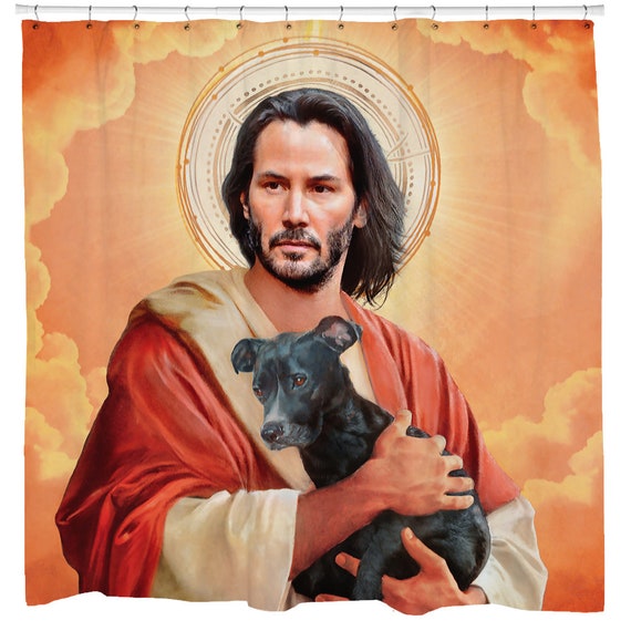 Cortina de ducha religiosa, decoración divertida del baño, arte del perro,  póster de la película, obras de arte de celebridades, arte famoso, Jesús,  nubes naranjas, Saint Keanu -  México