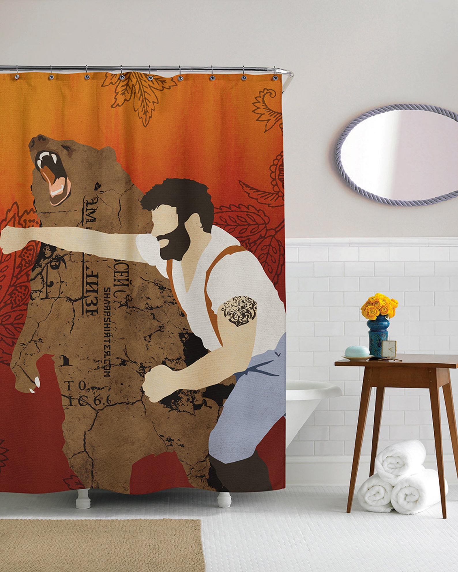 Cool Shower Curtain Fun Bathroom Decor Man Punching Bear Etsy
