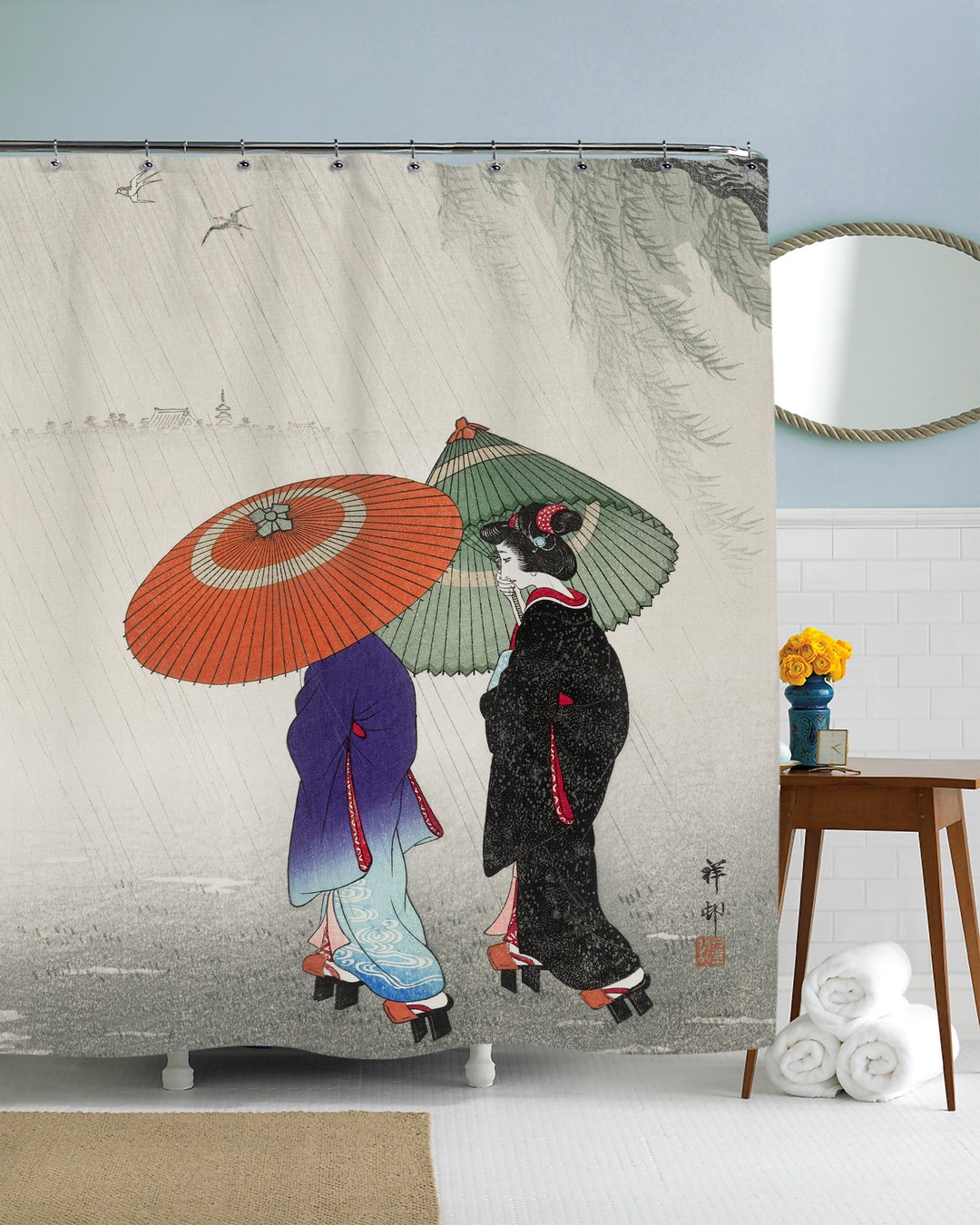 Japanese Shower Curtain, Parasol Shower Curtain, Bathroom Decor, Shower