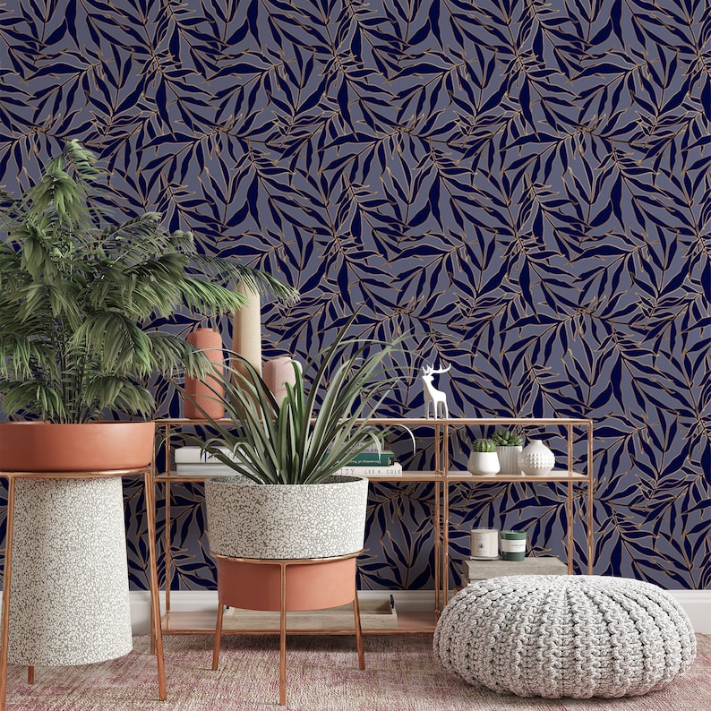 Blue Leaf Pattern Removable Wallpaper Pretty Nature Wall Etsy